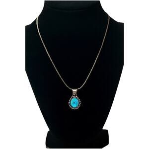 Native Navajo Sterling Silver Kingman Turquoise Statement Pendant Necklace